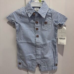 Carter's Organic Little Planet Blue and White Striped Button Down outfit.